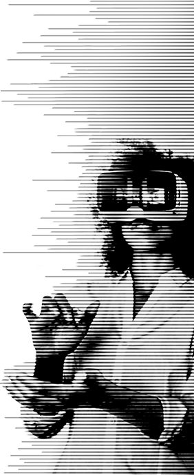 image of woman in corporate office wearing VR goggles and virtual meeting happening in the background.