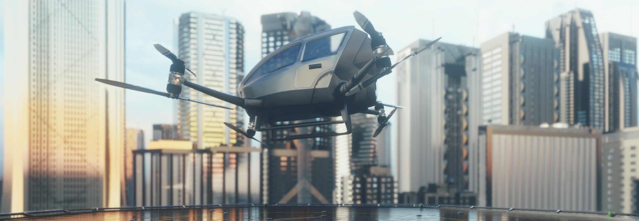 Flying taxi hovering above helipad in urban city