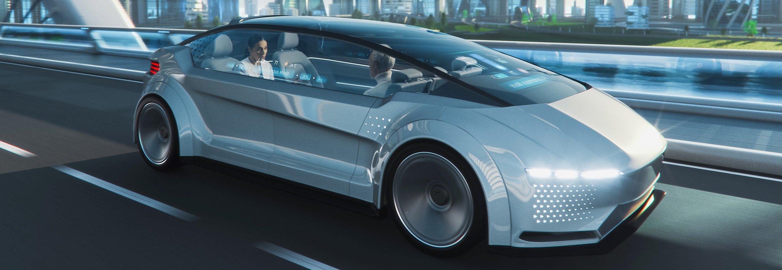 Autonomous car with two passengers on an urban highway