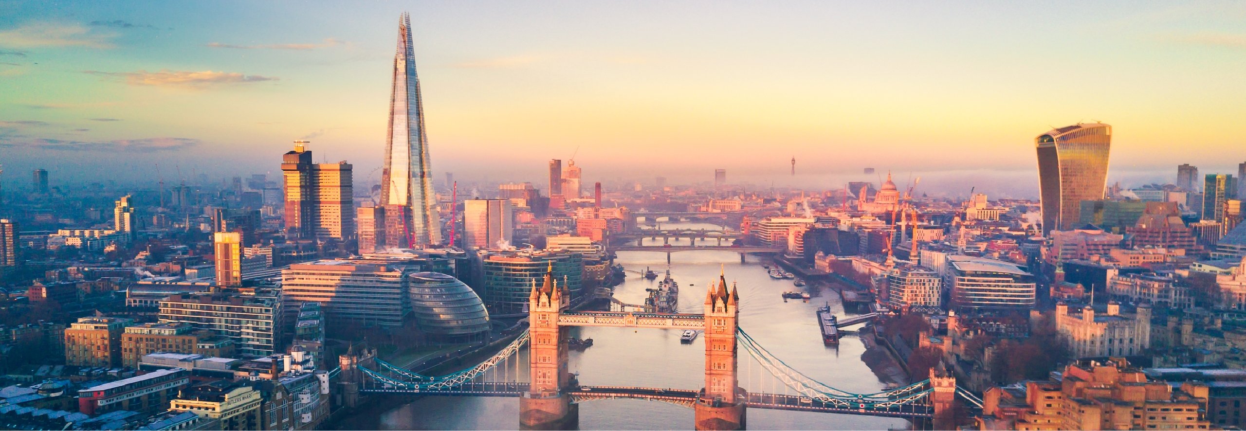 Aerial cityscape of London with Tower Bridge in the center