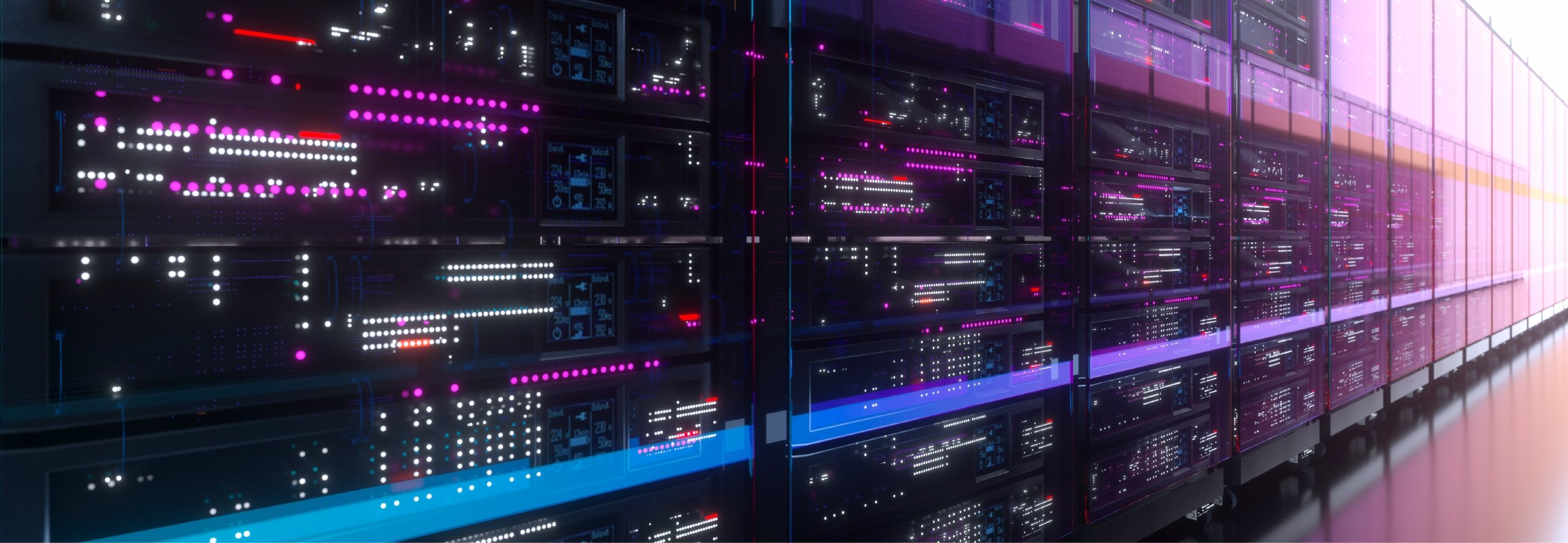 Server room with bright colored lights