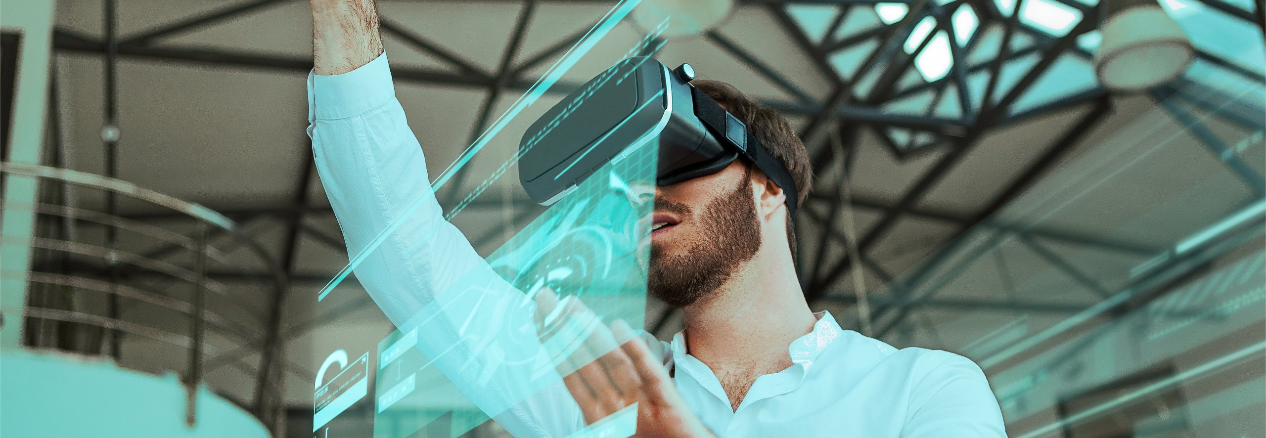 Man wearing VR goggles in modern corporate office