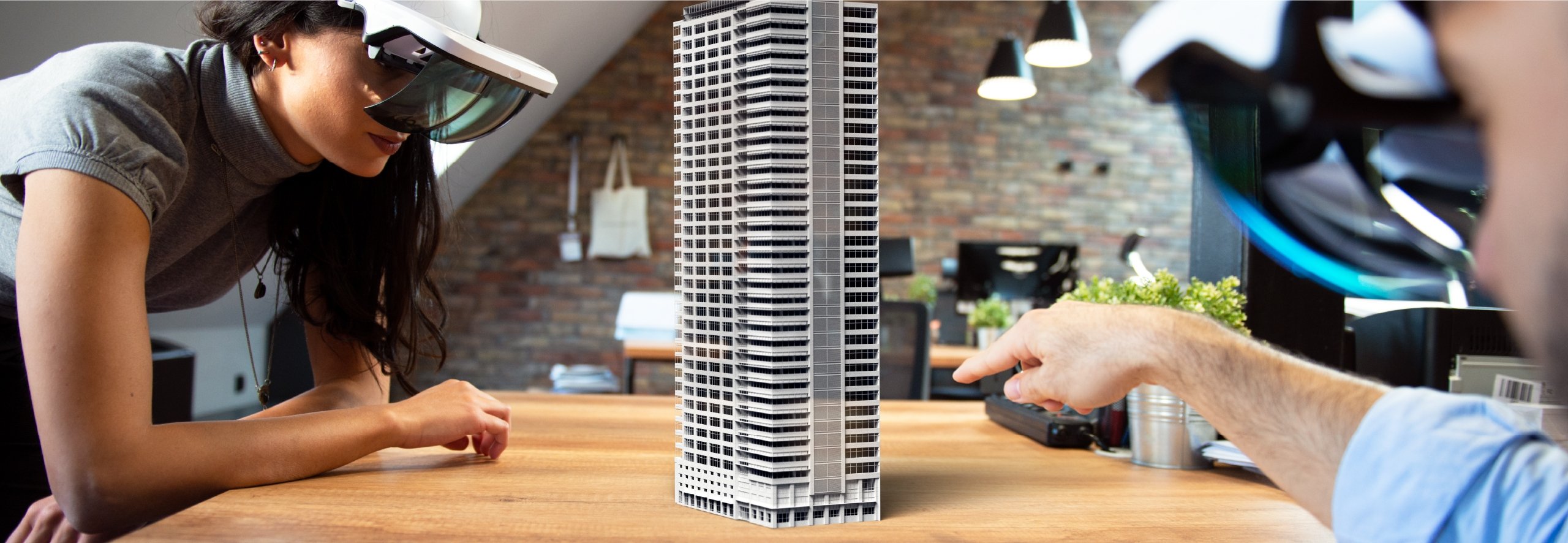 Business professionals using VR goggles in a meeting