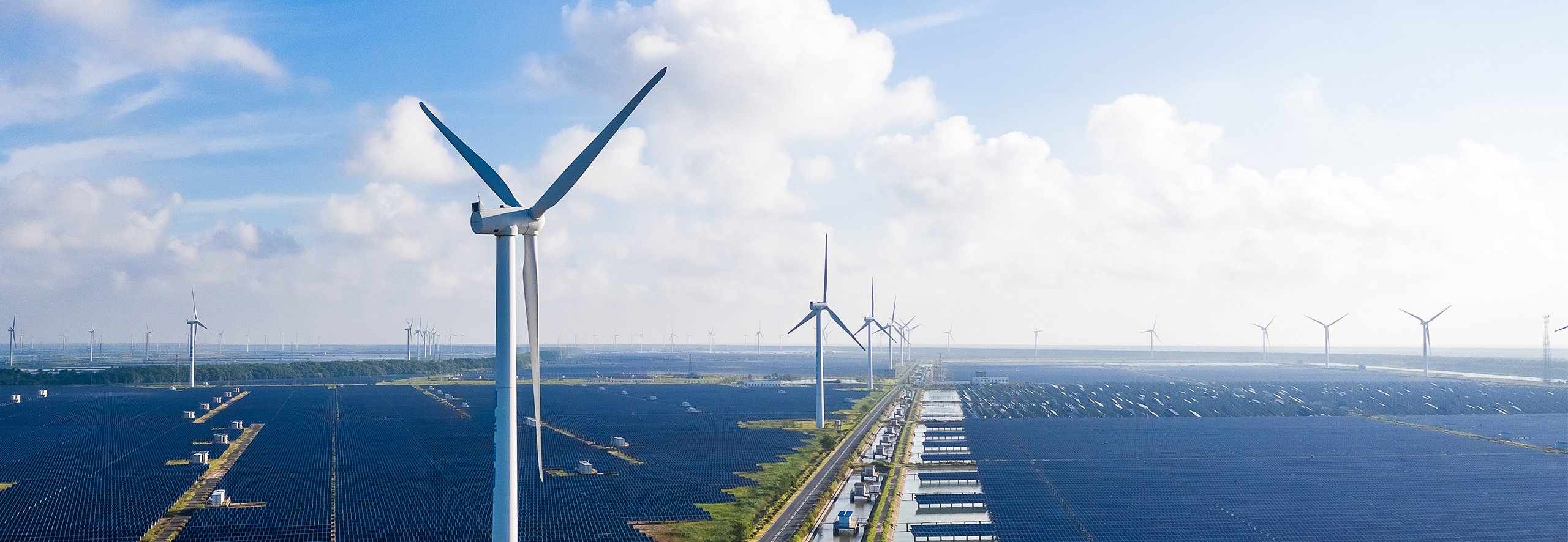Wind turbines with fields of solar panels below