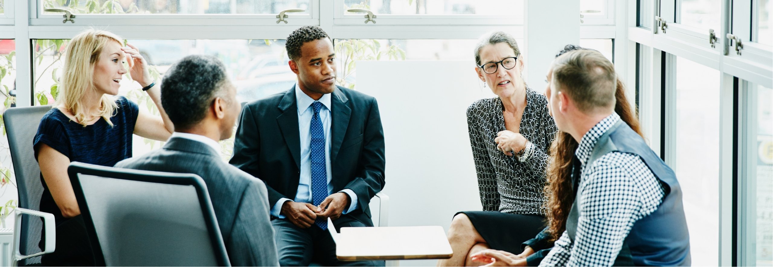 Diverse group of business professionals in a meeting displaying DEI