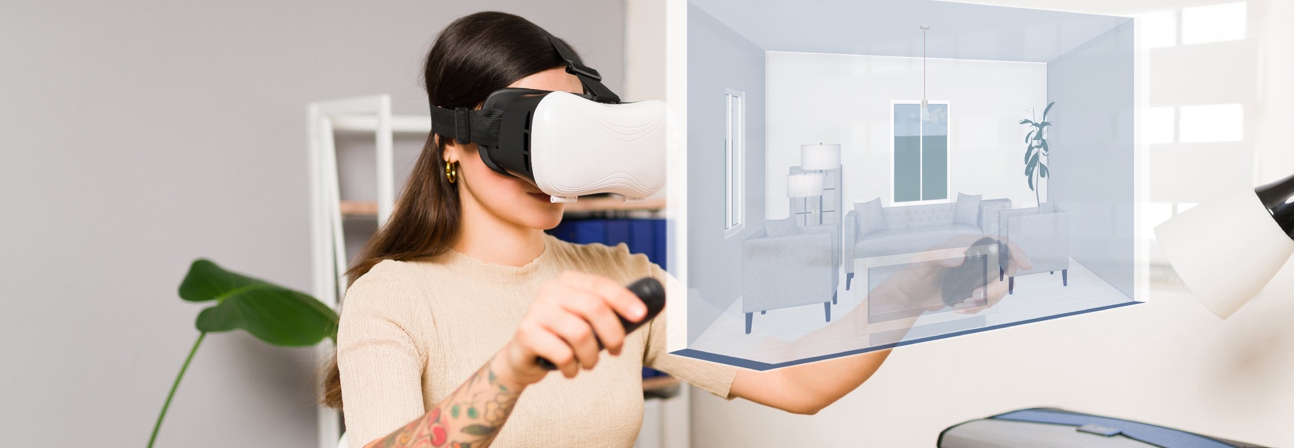 woman looking through VR glasses at a hotel room representation