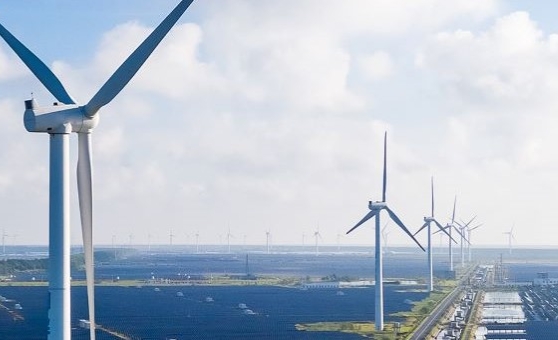 image of windmills towering above solar farms
